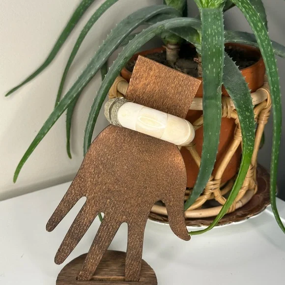Vintage Mid-Century Bone & Wood Bangle, Hinge Pin Clasp, Tribal Style - Picture 2 of 8